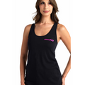 Woman wearing a black racerback tank top with pink logo on chest