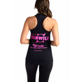 Woman wearing a black racerback tank top with bold pink graphic text on the back.