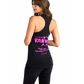 Woman wearing black racerback tank top with pink graphic design on the back.
