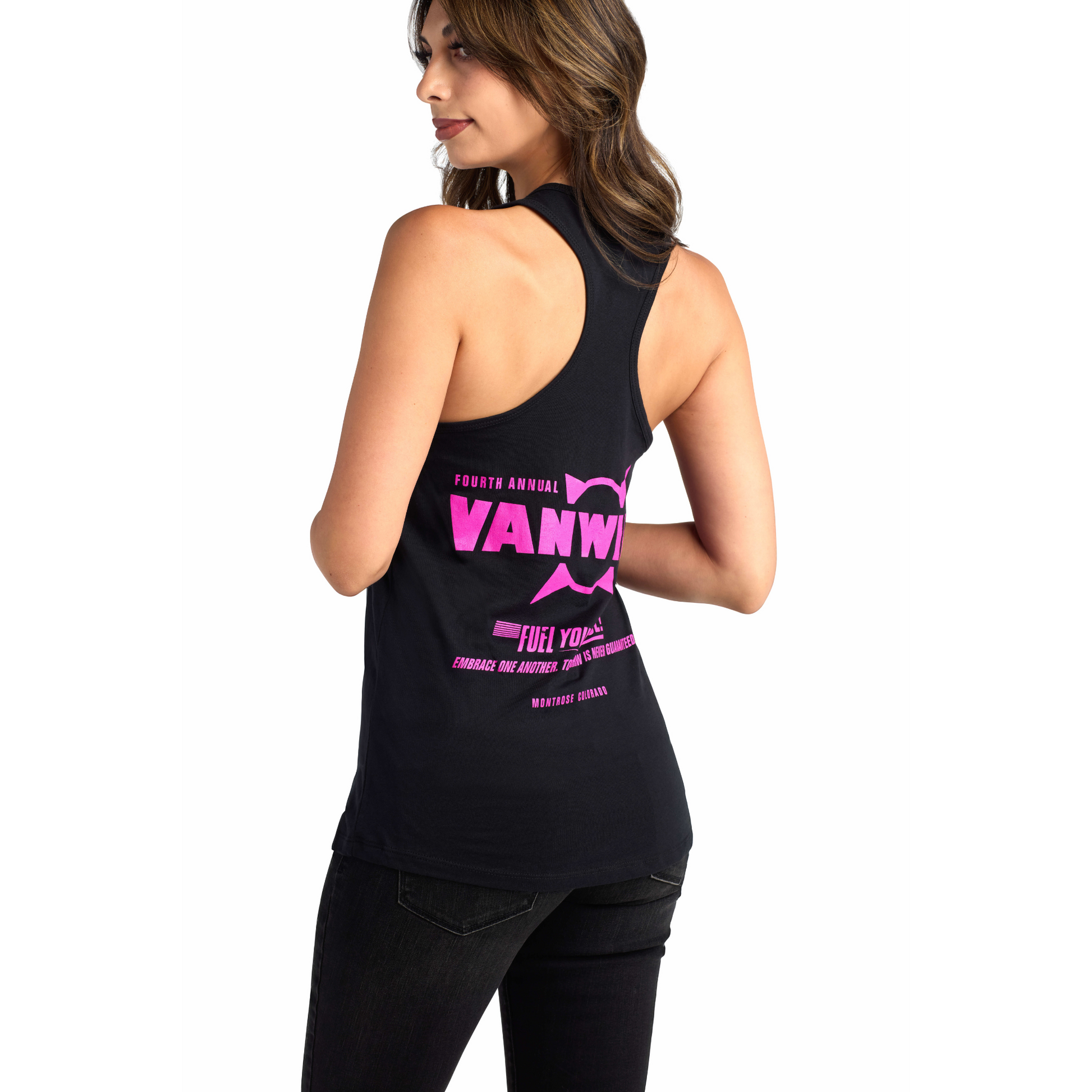 Woman wearing black racerback tank top with pink graphic design on the back.