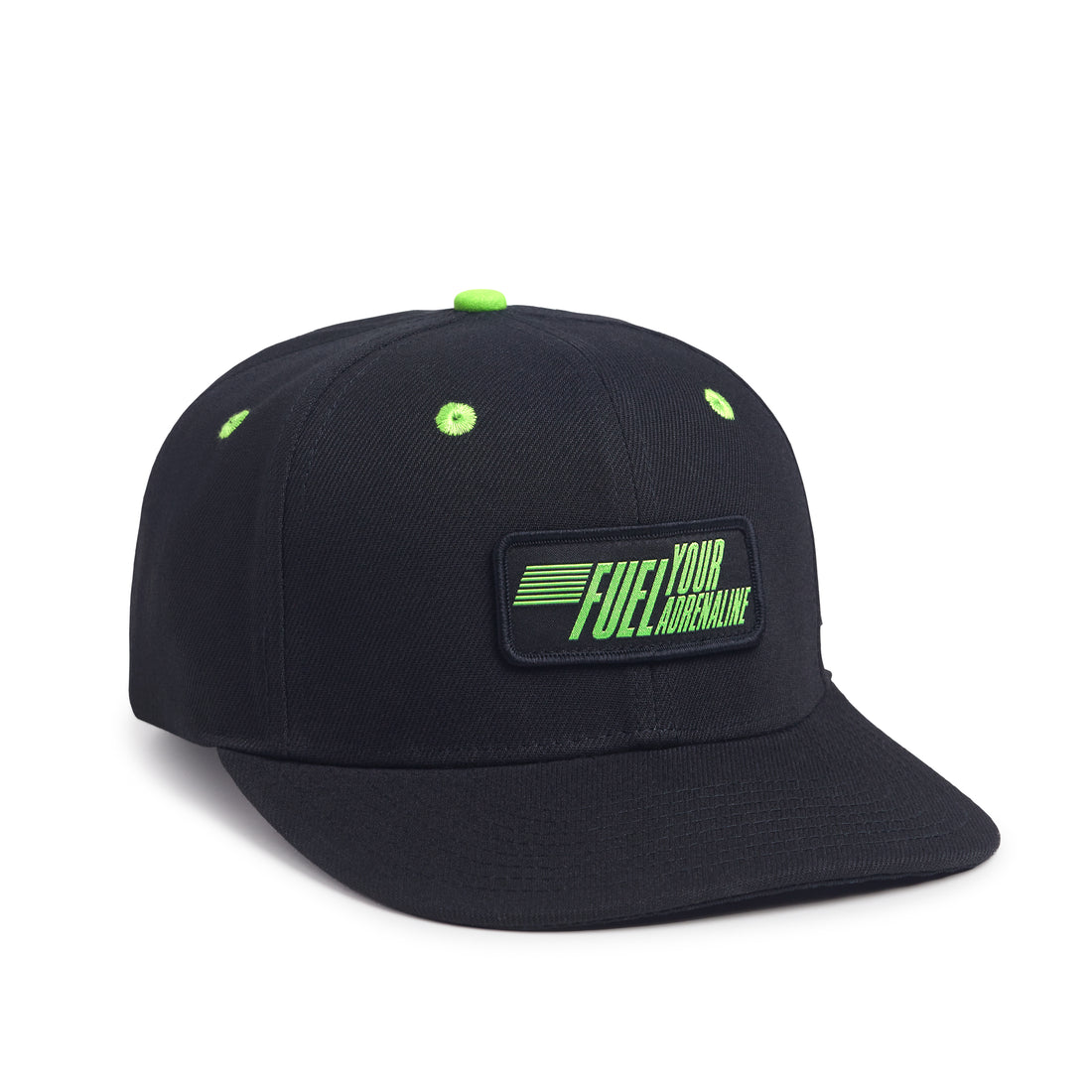 Man wearing a black snapback hat with an American flag patch, standing outdoors in the rain.