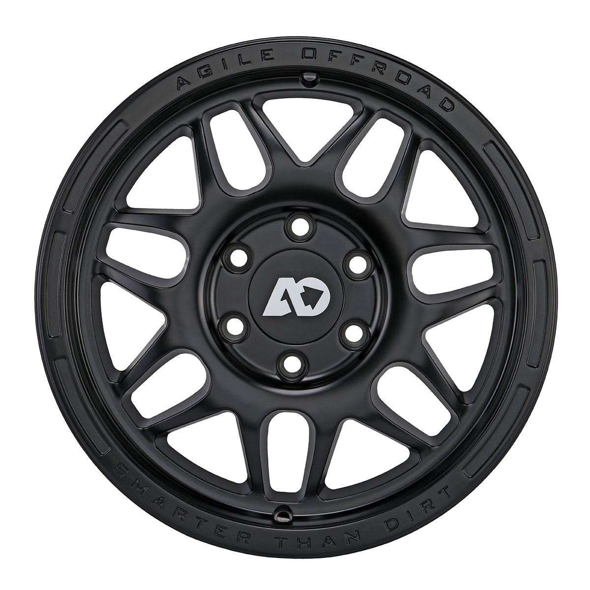Black alloy off-road wheel with multi-spoke design and engraved branding around the rim.