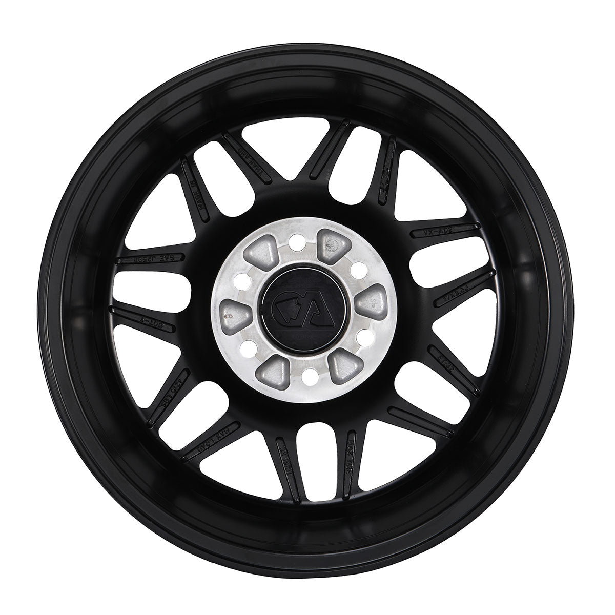 Black multi-spoke alloy wheel with silver center and exposed lug holes