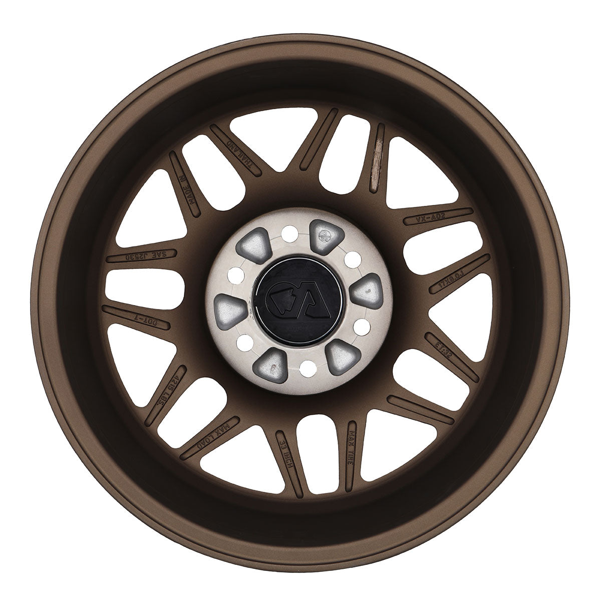 Bronze alloy wheel with multi-spoke design viewed from above