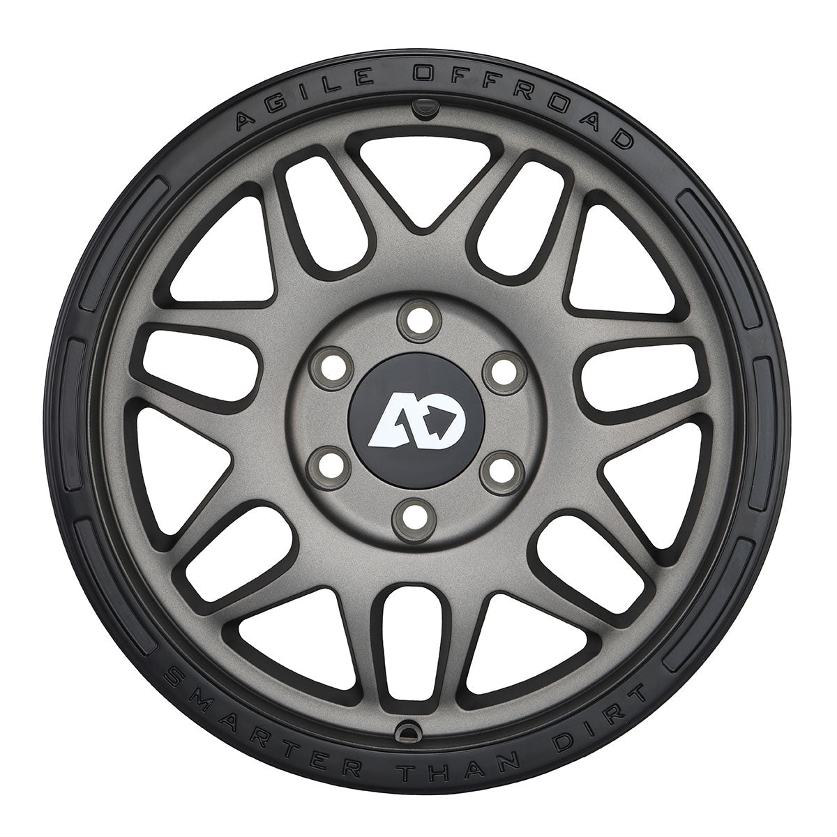 Matte black off-road wheel with multi-spoke design and Agile Offroad logo at the center