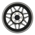 Matte black alloy wheel with split-spoke design and silver center hub detail.