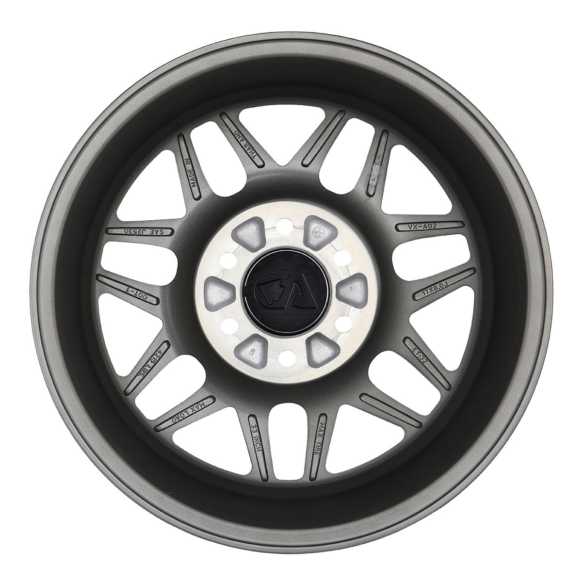 Matte black alloy wheel with split-spoke design and silver center hub detail.