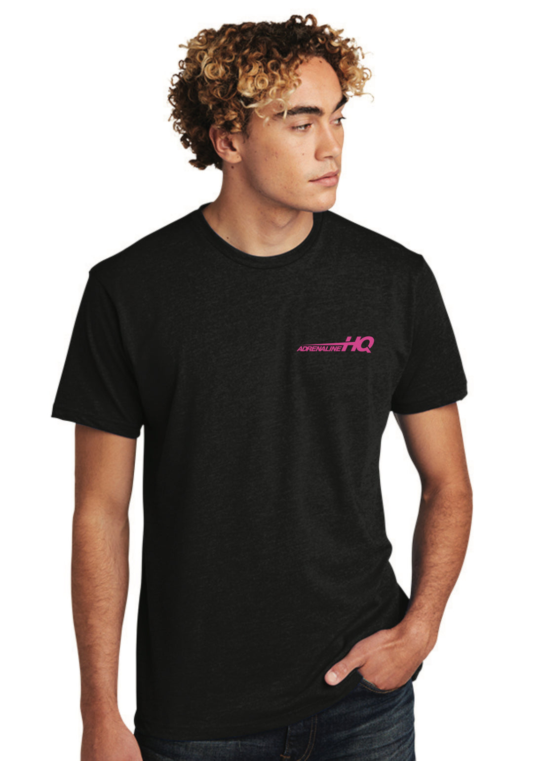 Man wearing black Vanwild event t-shirt with bold pink graphic on back