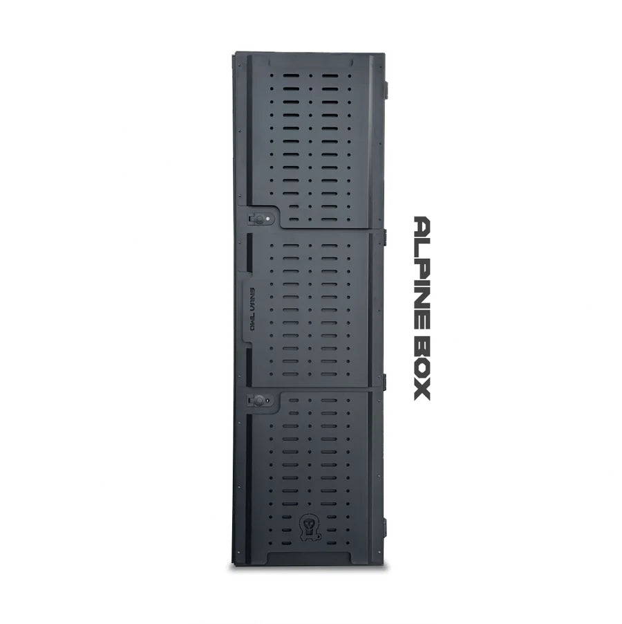 Tall black Alpine storage box with dual latches and vented panel design shown upright.