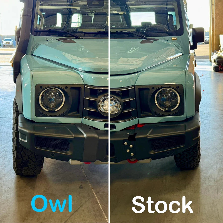 Comparison of aftermarket Owl grille with lights vs stock grille on a light blue off-road vehicle.