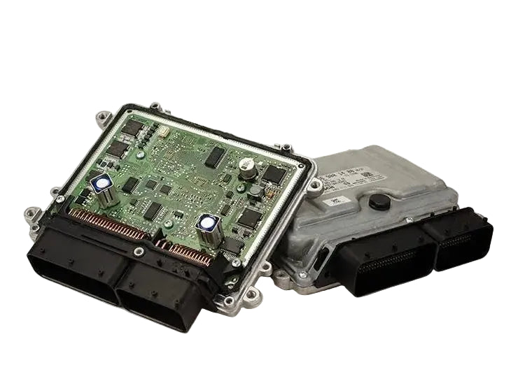 Electronic control unit with circuit board on a white background