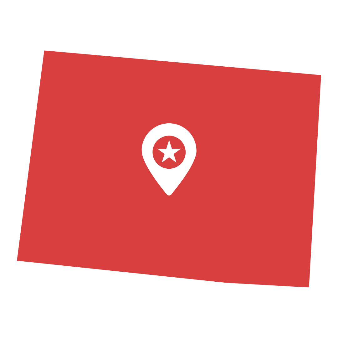 Red sticker with white map pin and star in the center