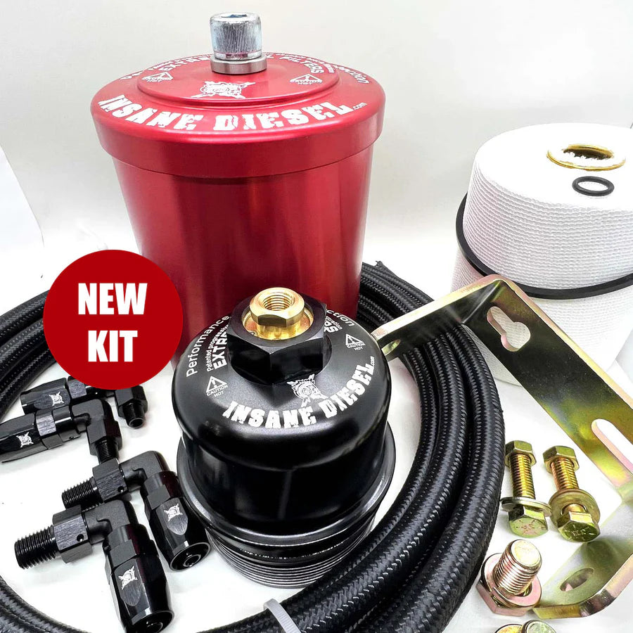 Insane Diesel fuel filter kit with red and black components on a white background
