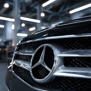 Close-up of a Mercedes-Benz front grille with logo in a garage setting