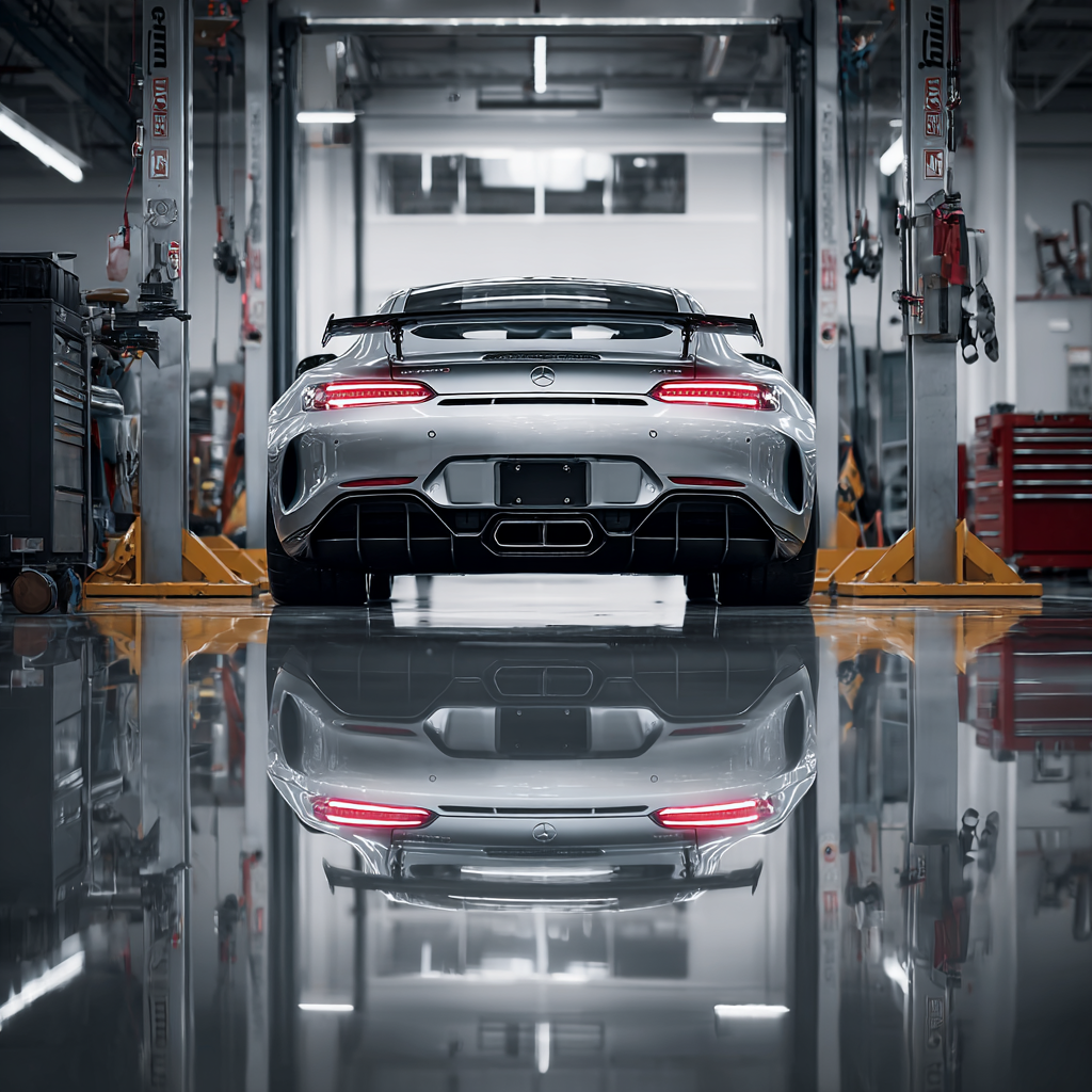 High-performance sports car on a four-wheel alignment lift at Adrenaline HQ auto service shop in Montrose, CO, showcasing precision alignment equipment and professional automotive service