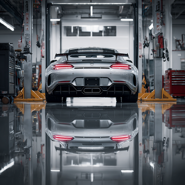 High-performance sports car on a four-wheel alignment lift at Adrenaline HQ auto service shop in Montrose, CO, showcasing precision alignment equipment and professional automotive service