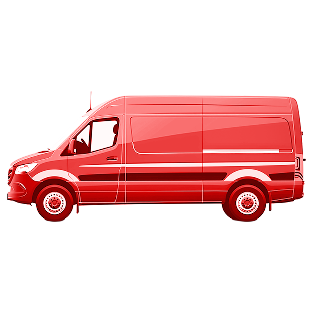 Side view of a red cargo van with closed sliding door and tinted windows