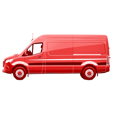 Side view of a red cargo van with closed sliding door and tinted windows